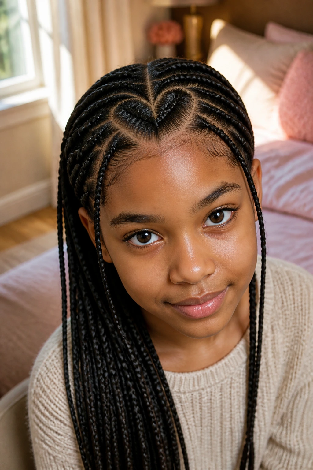 Close-up of child showing heart-shaped part in braids