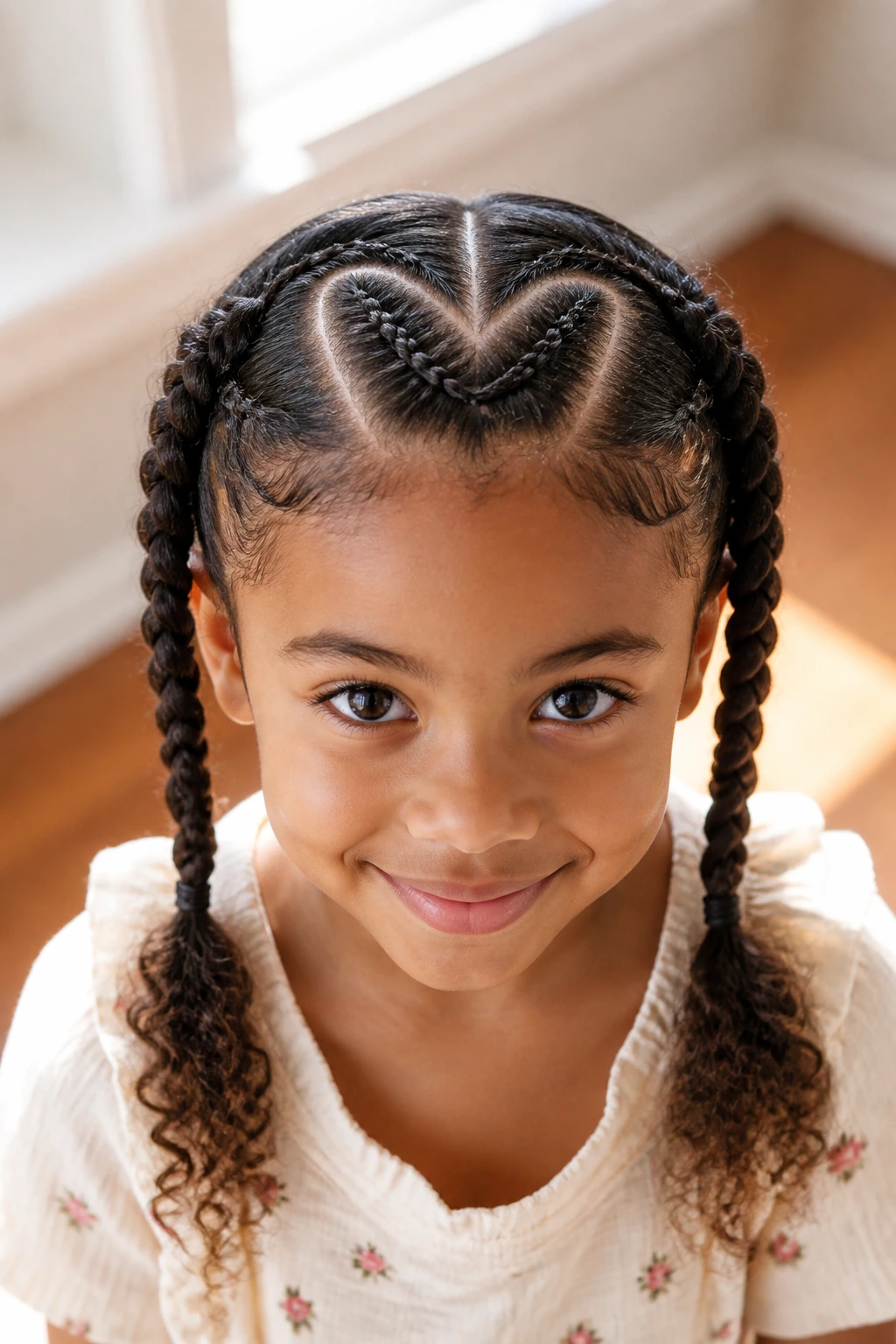 Close-up of a child with a heart-shaped part and braided pigtails.