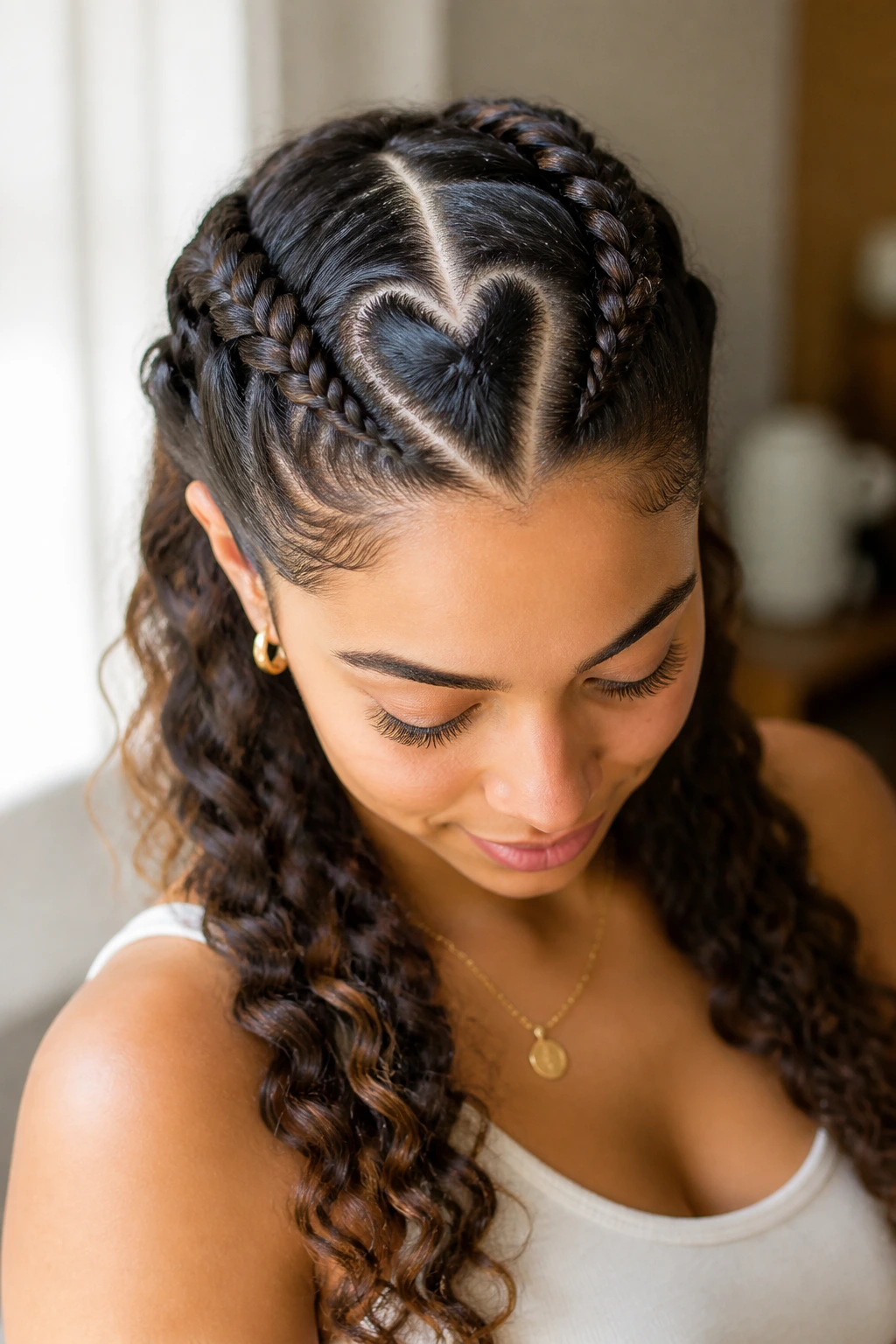 Close-up of a real woman with a heart-shaped part guiding twin braids.