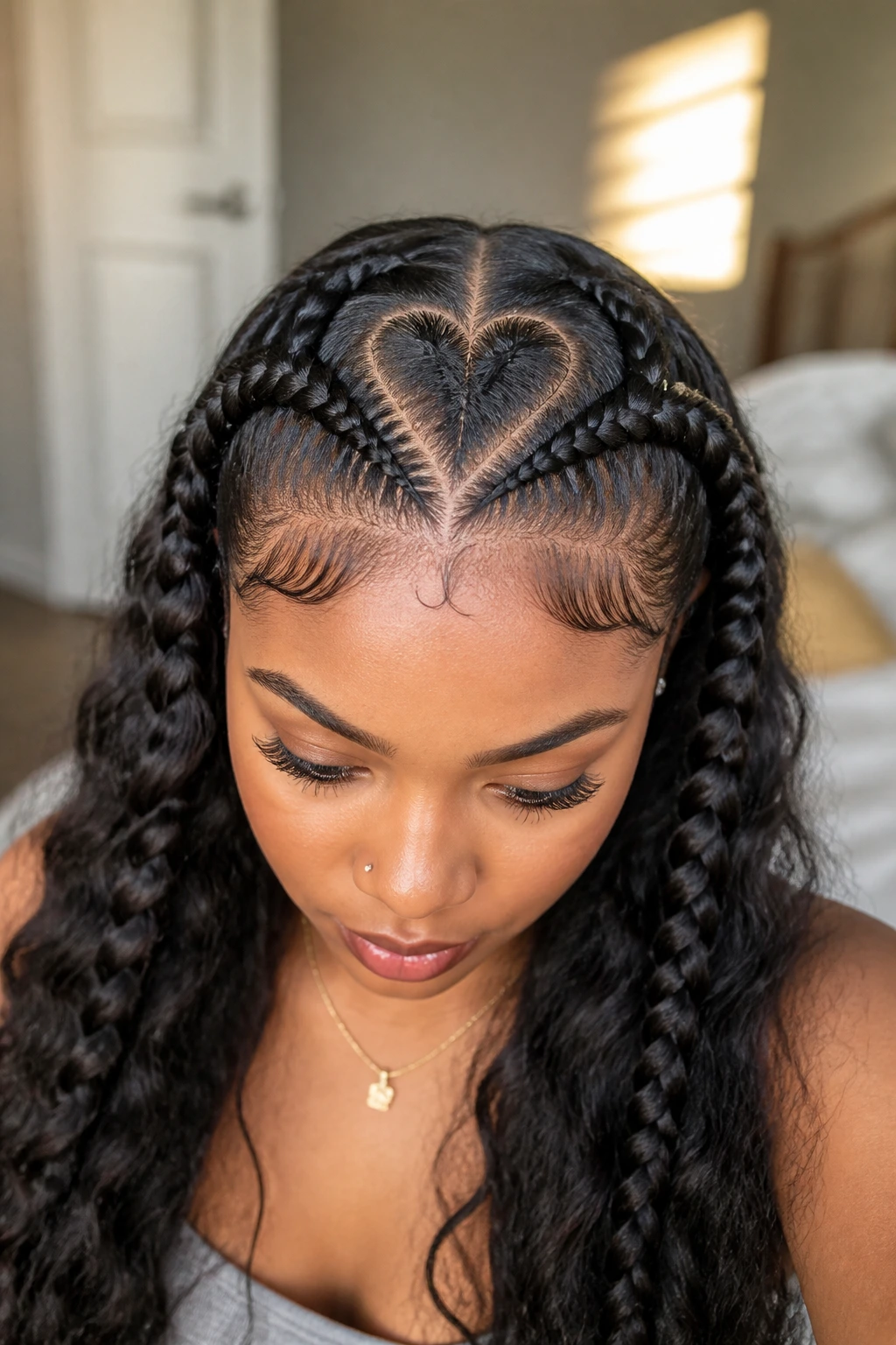 Close-up of a real woman with a heart-part double Dutch braid on wavy hair