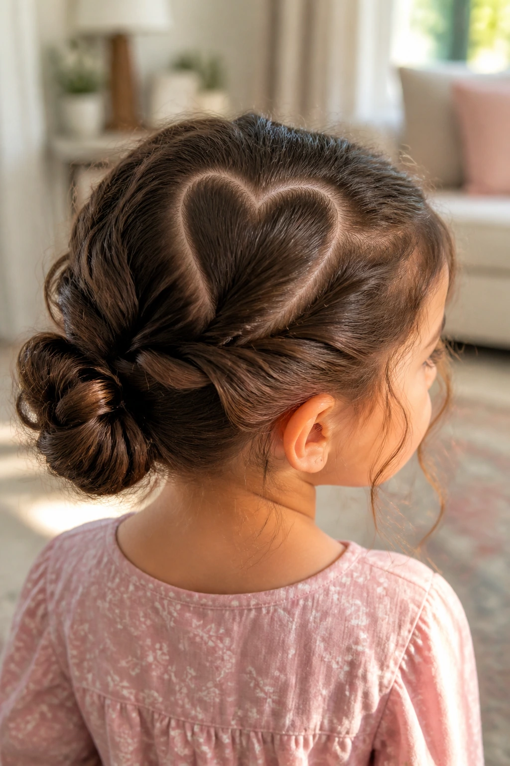 Close-up of a real child showcasing a heart-part twisted bun hairstyle in a sunlit living room.