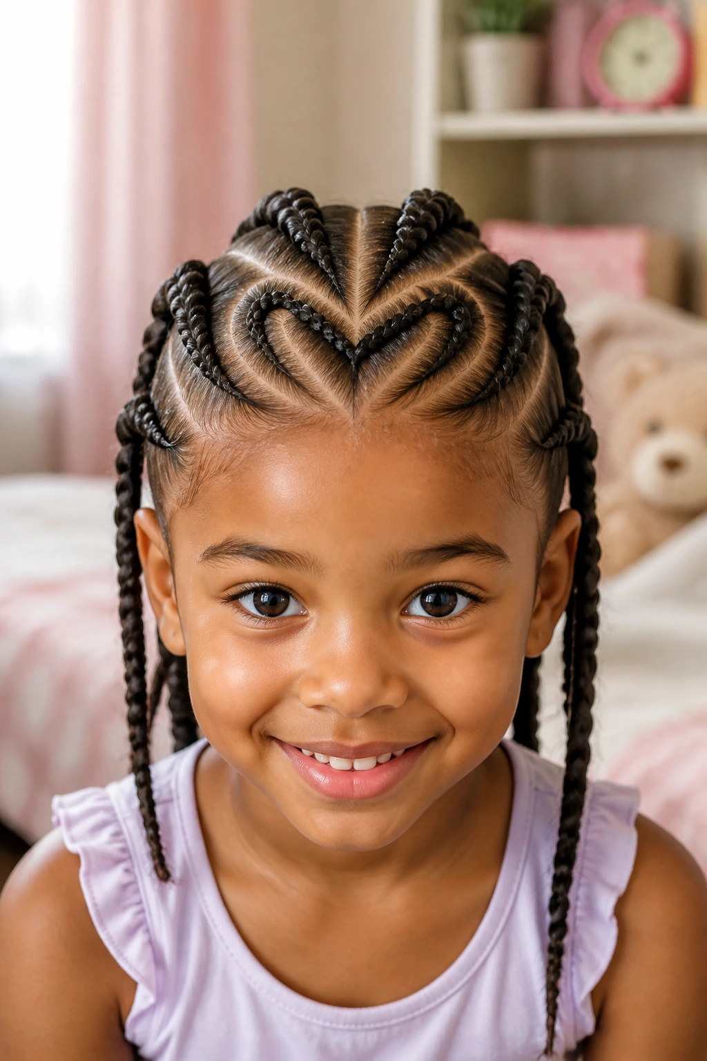 Close-up of a child with a heart-part cornrow hairstyle
