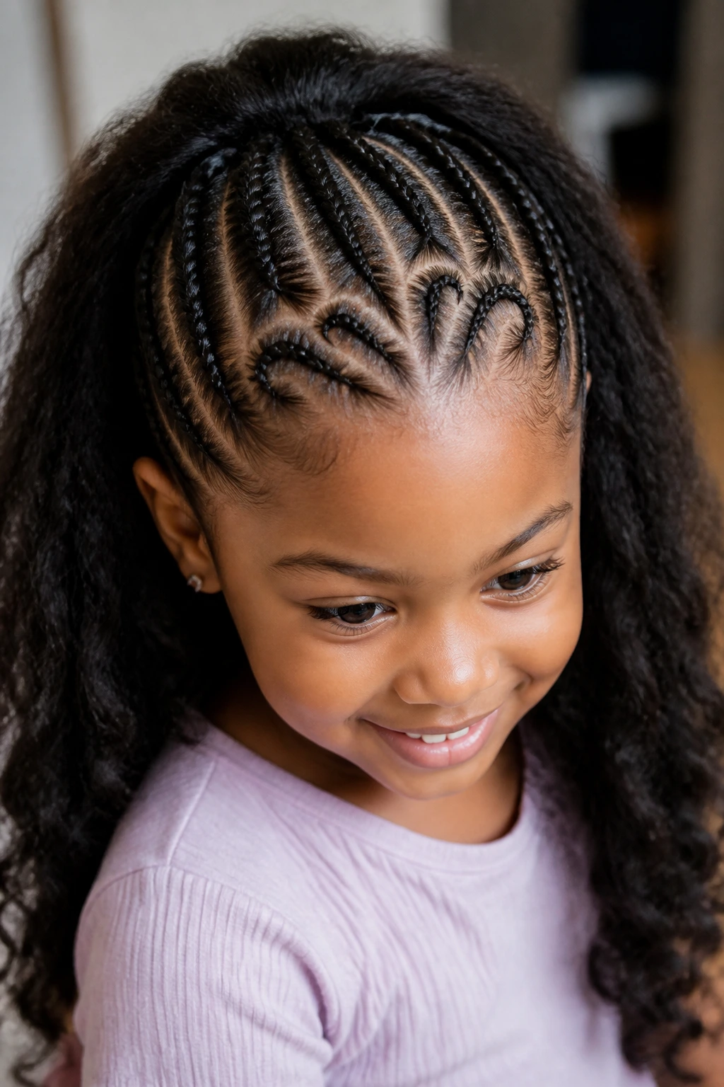 Girl with heart-shaped part half cornrows