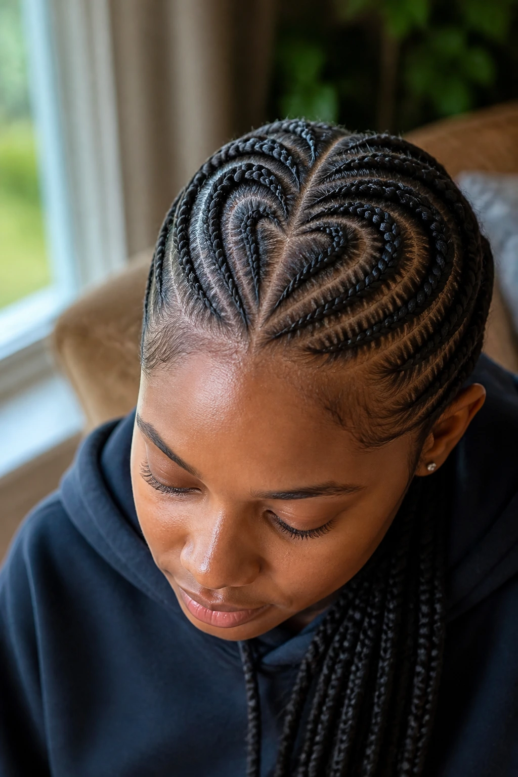Close-up of heart-part cornrows on a real person in window light