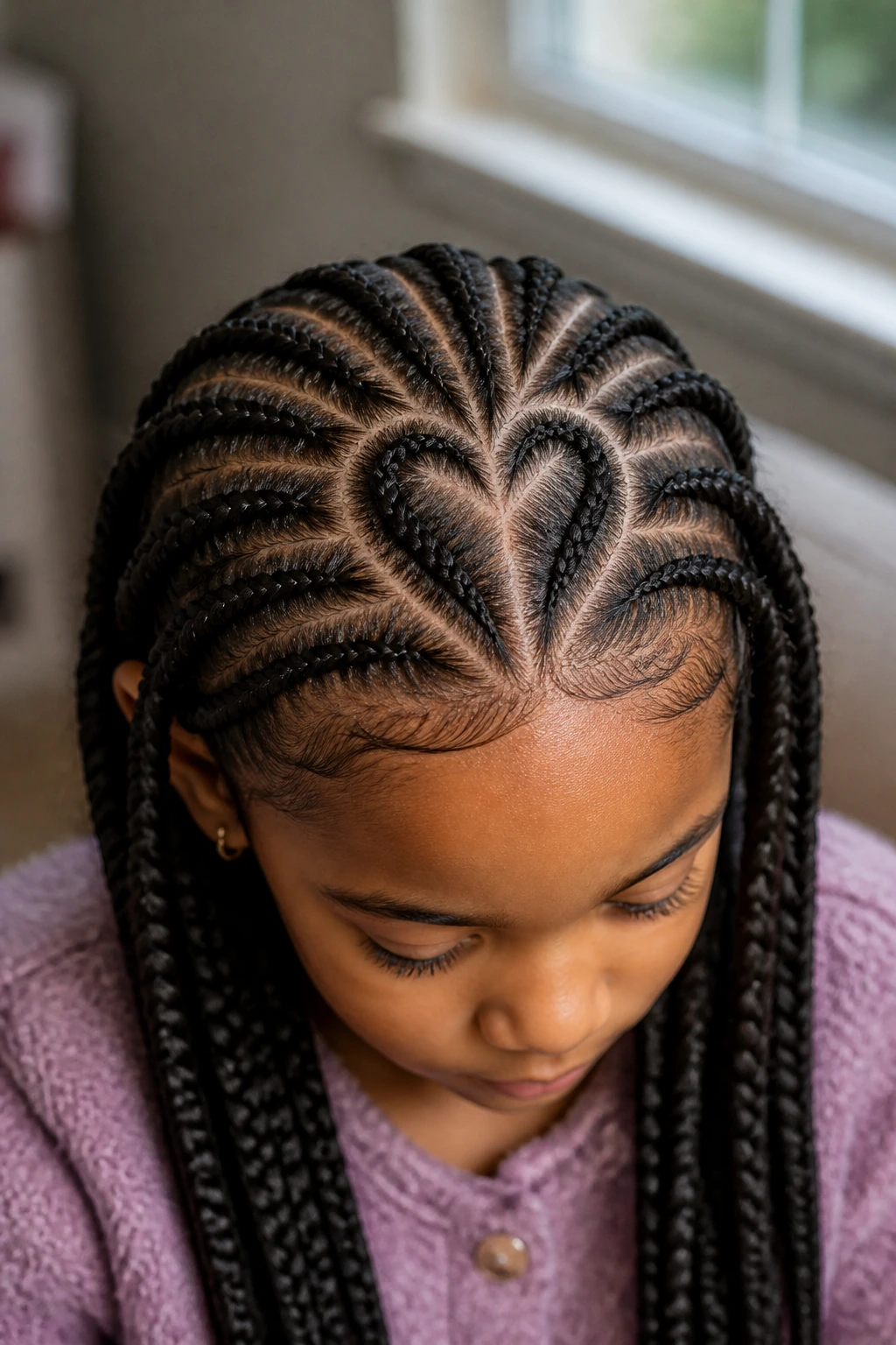Close-up of heart-shaped part with feed-in braids on a child's head