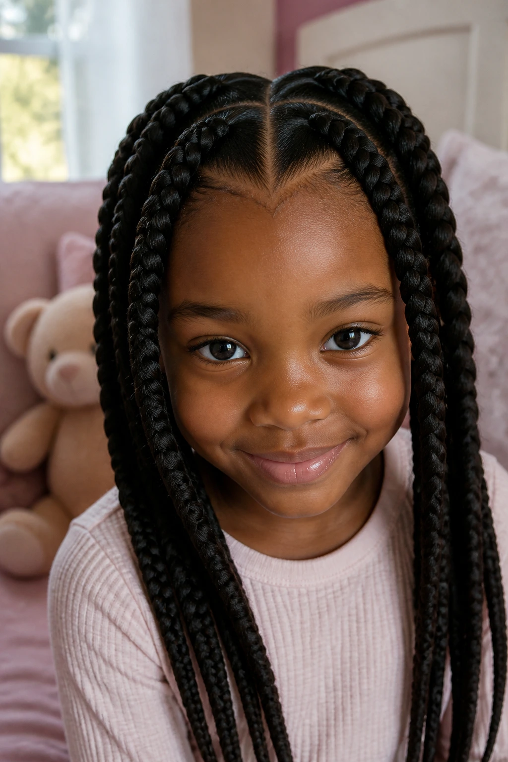 Close-up of a young girl with a heart-shaped part in jumbo braids in a cozy bedroom.