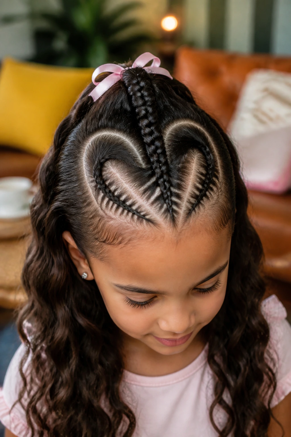 Close-up of a child with a heart-part mohawk on soft waves.