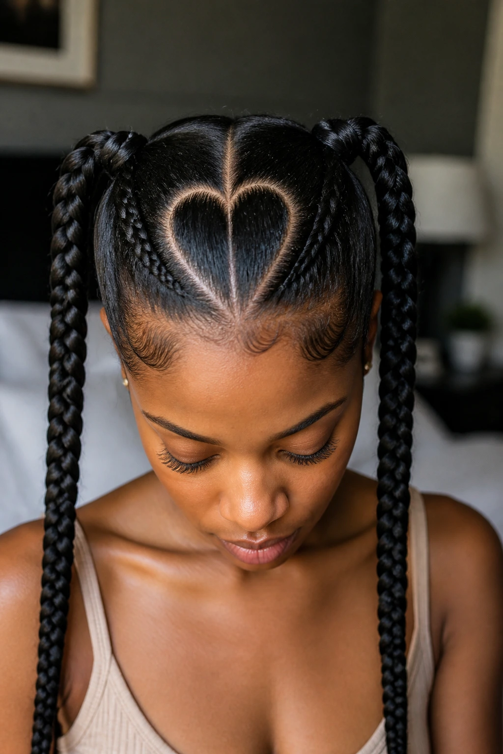 Close-up of a real Black woman's scalp with a heart-shaped part and pigtails
