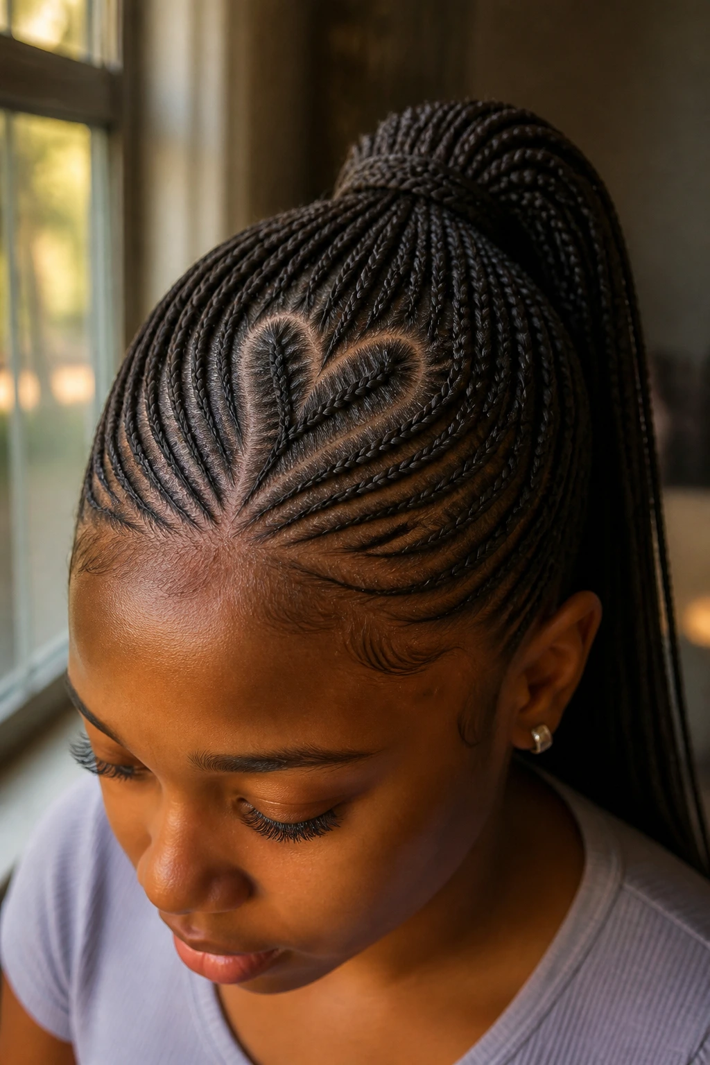 Close-up of a real woman with a heart-shaped part leading to a ponytail