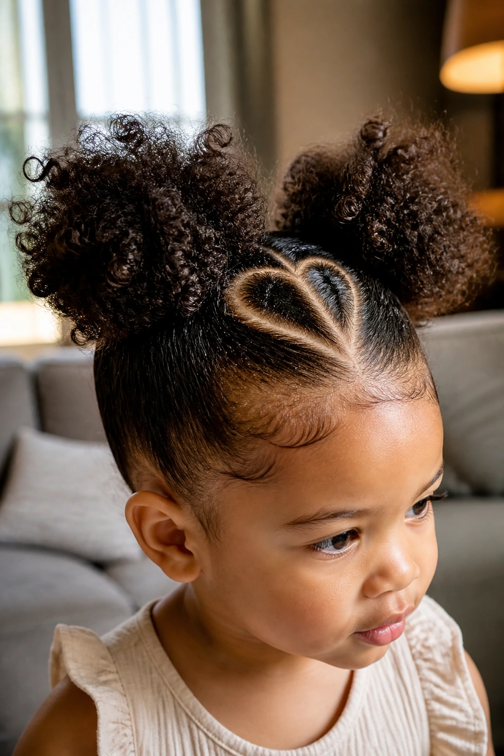 Real toddler with heart-shaped part and twin puffs on crown