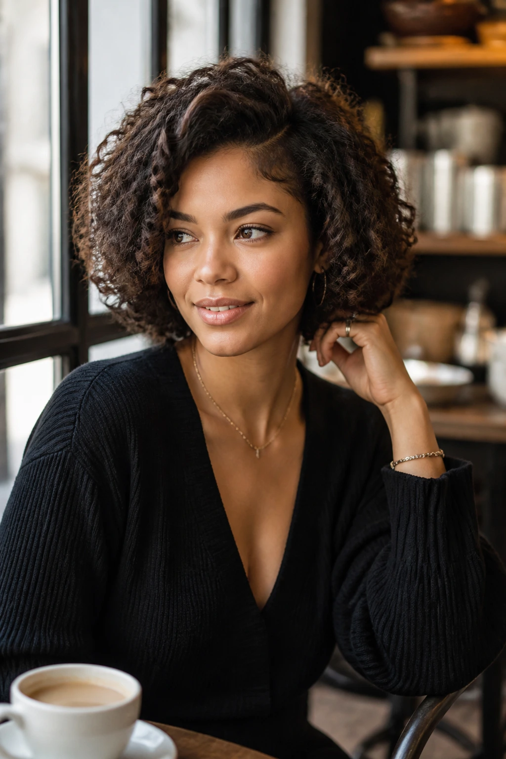 Portrait of a real person with a heart-shaped face wearing a bob hairstyle in a cafe.