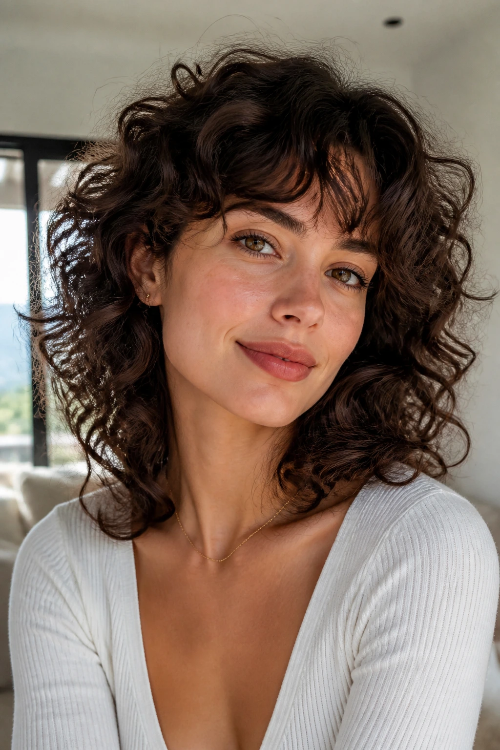 Close-up of a heart-shaped face with cheekbone-emphasizing curly cut