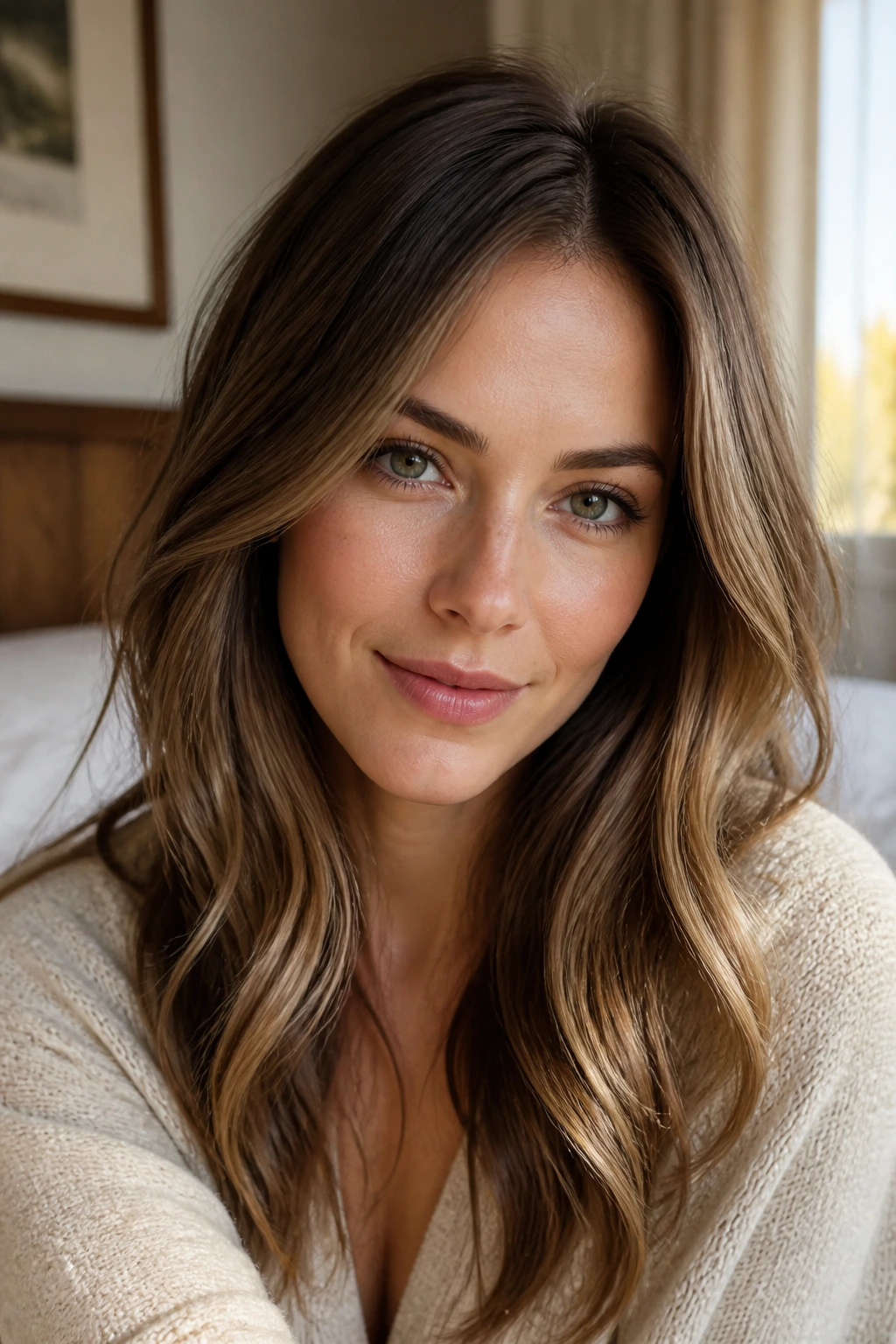 Close-up portrait of a person with a heart-shaped face showing balanced hair color placement