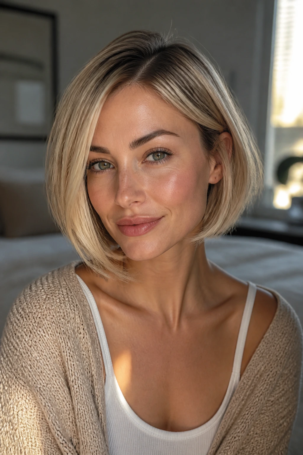 Close-up of a real woman with heart-shaped face showing a soft off-center part and underturned ends in a blond bob