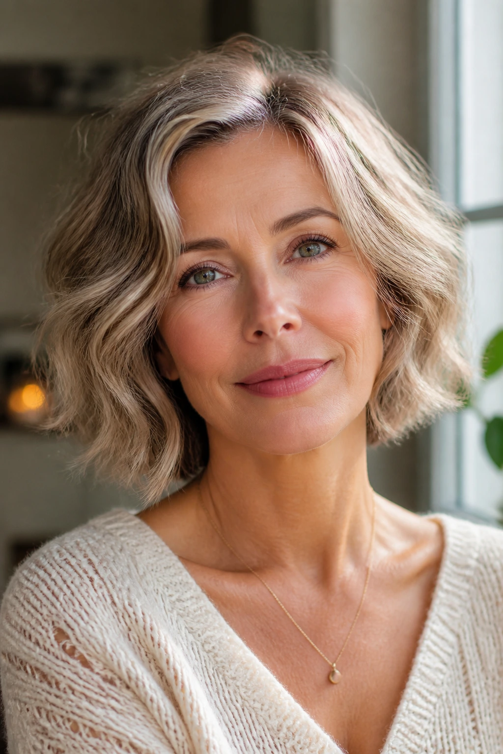 Real woman with heart-shaped face wearing a soft-waved bob.
