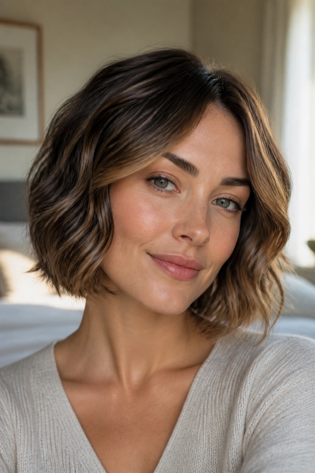 Close-up portrait of a real woman wearing a heart-flattering bob wig with soft jawline and subtle waves.