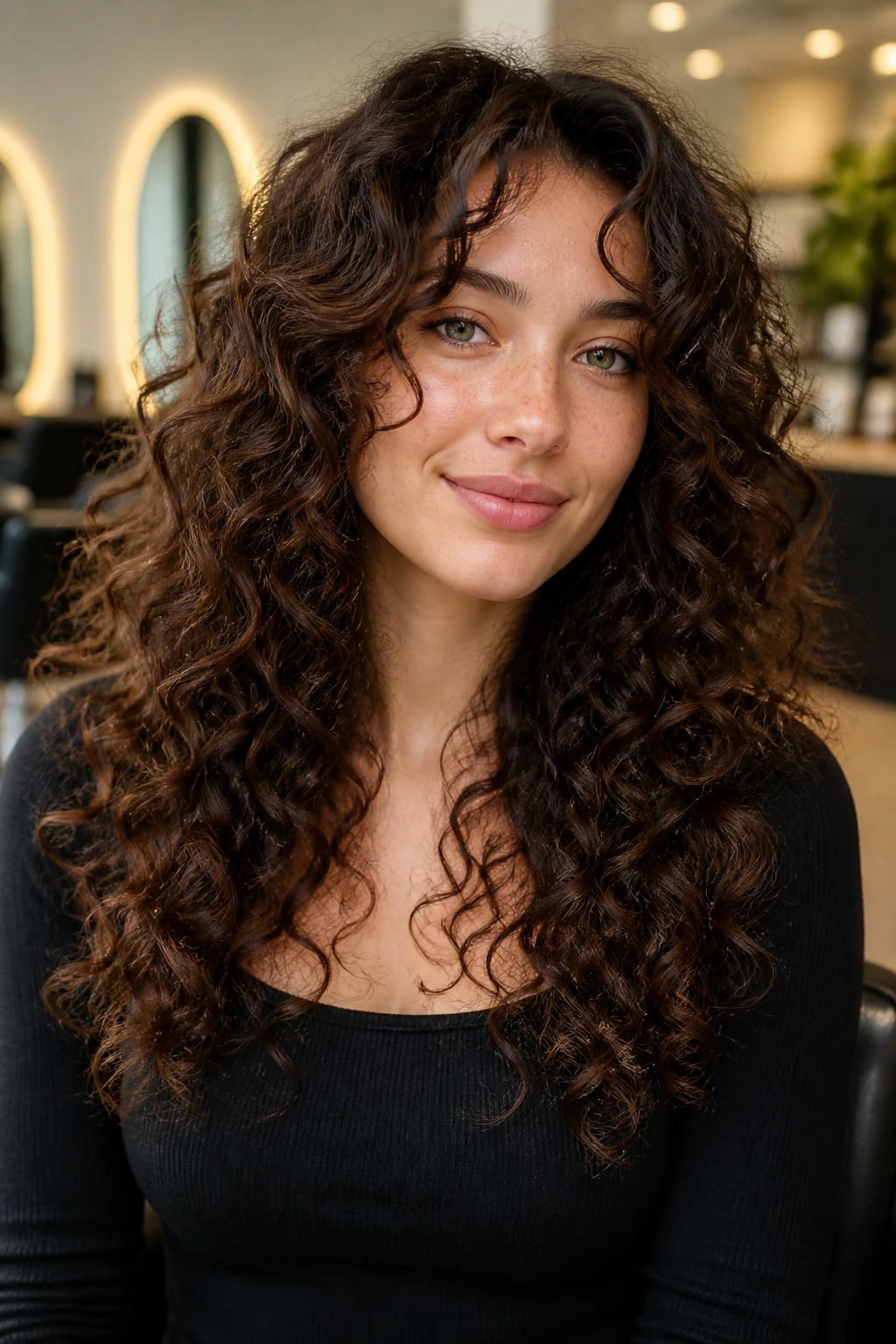Close-up of a real person with curls in a heart-shaped face in a salon