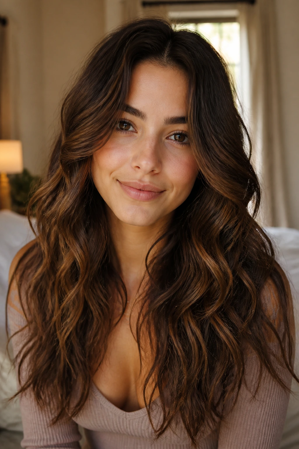Close-up portrait of a real person with heart-shaped face and curls framing cheeks