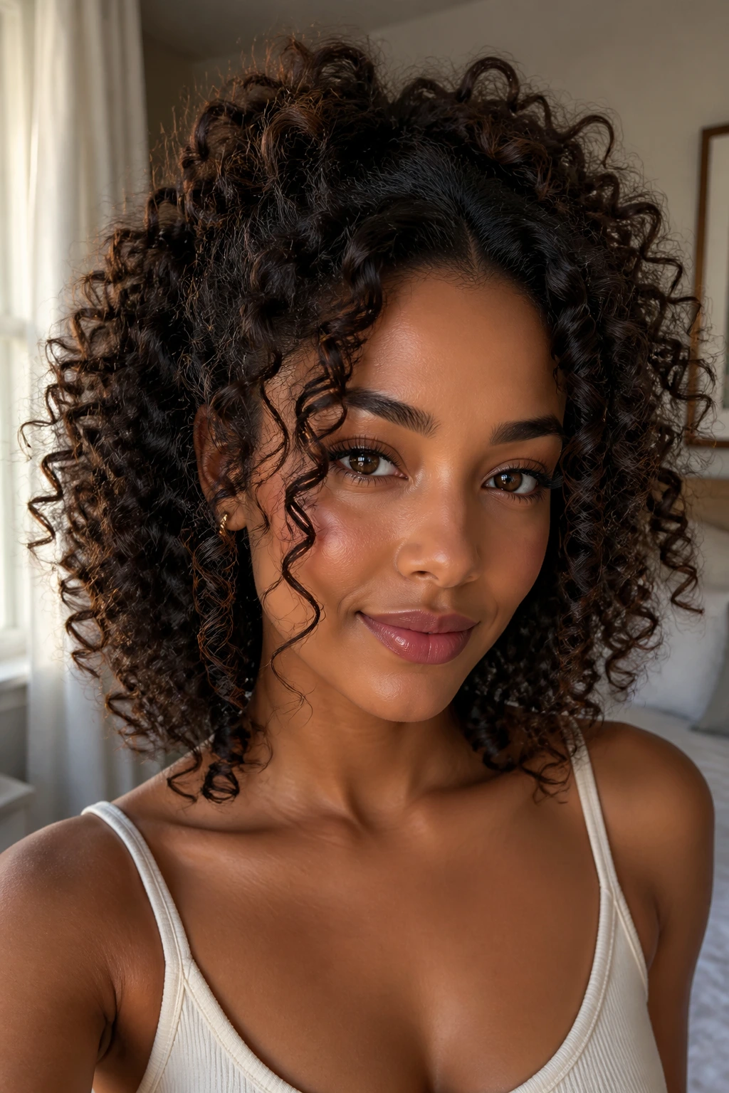 Portrait of a real woman with heart-shaped face wearing face-framing curls