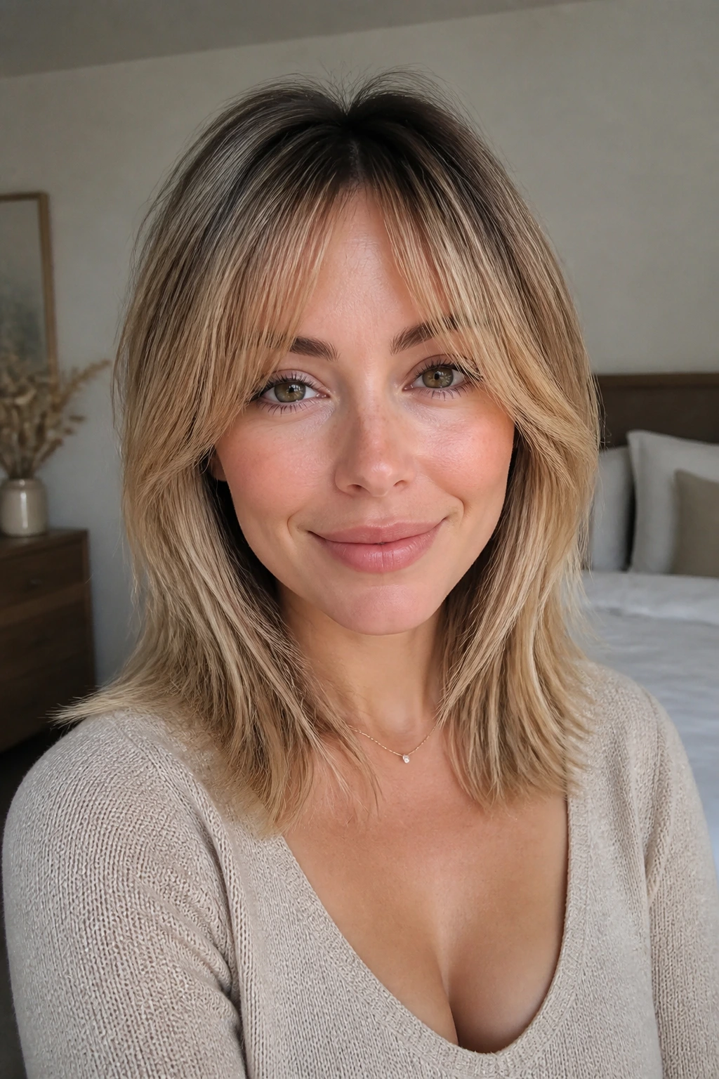 Portrait of a real woman with a heart-shaped face and fine hair in natural window light