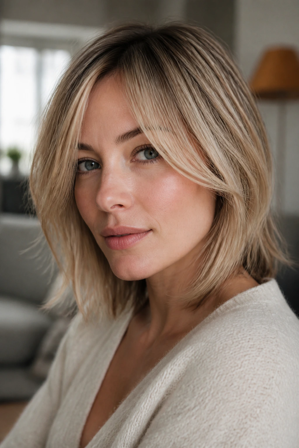 Close-up of a real woman with a heart-shaped face and fine hair illustrating the concept