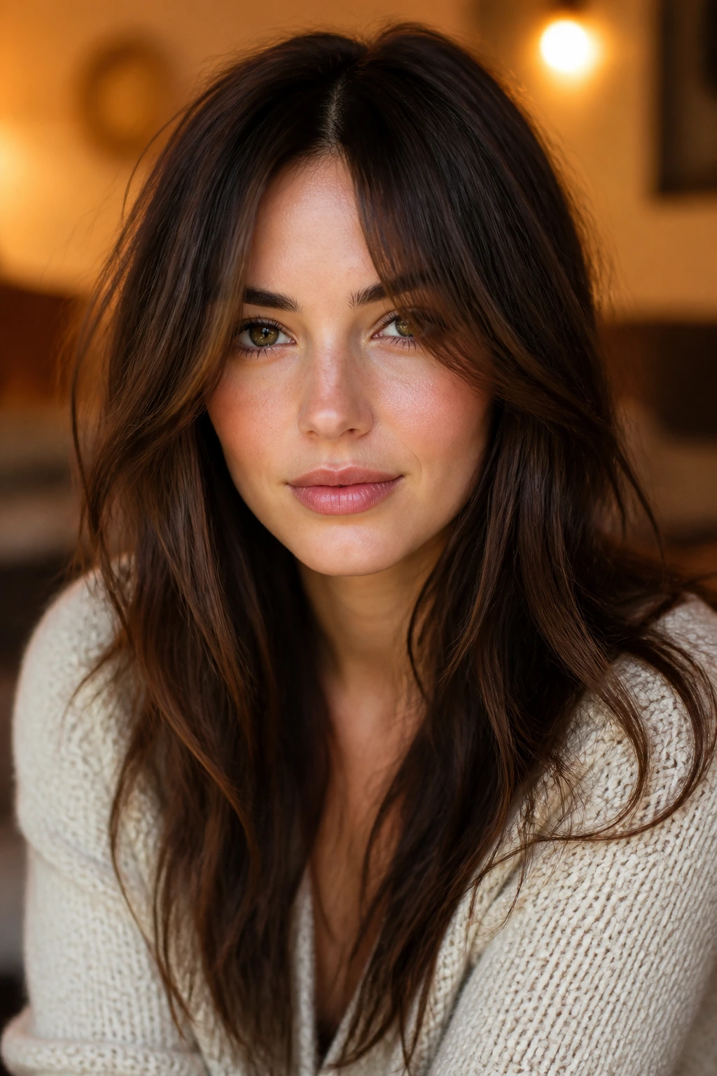 Portrait of a woman with a center-split fringe on a heart-shaped face
