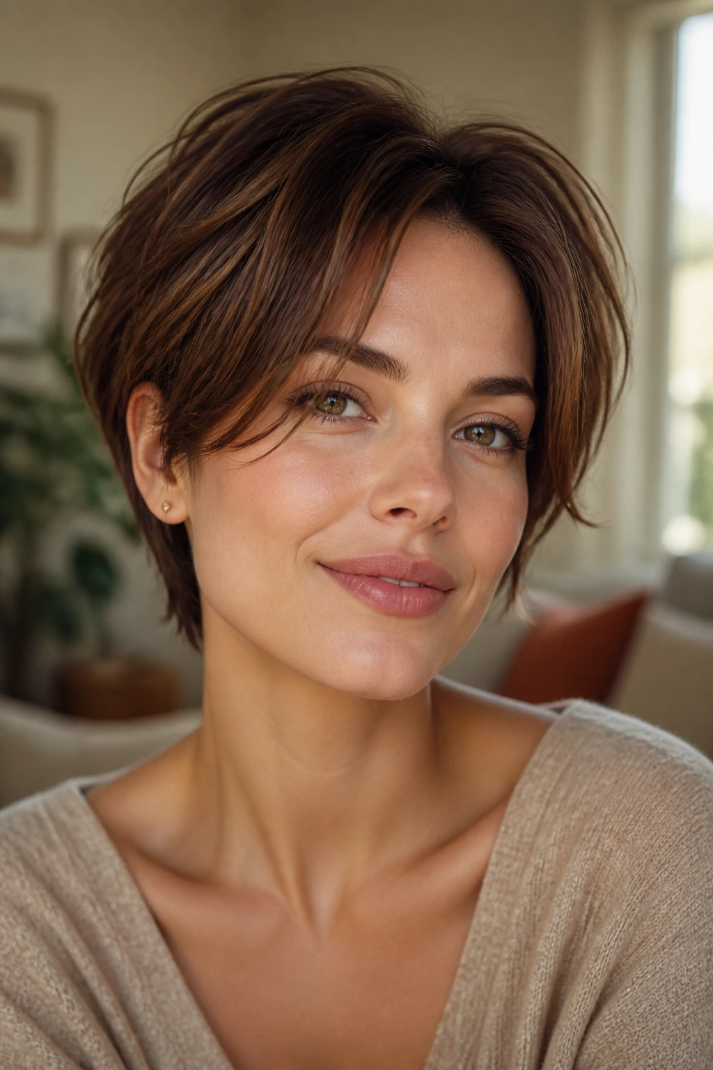 Close-up portrait of a real woman with a heart-shaped face and softened temples