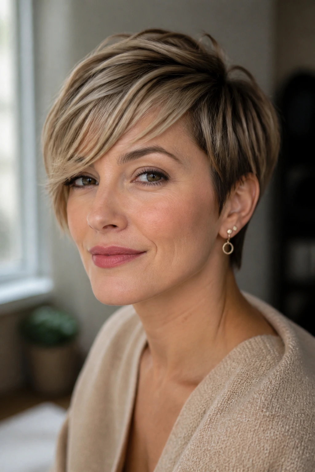 Close-up portrait of a woman with a side-swept fringe on a short cut balancing a heart-shaped face