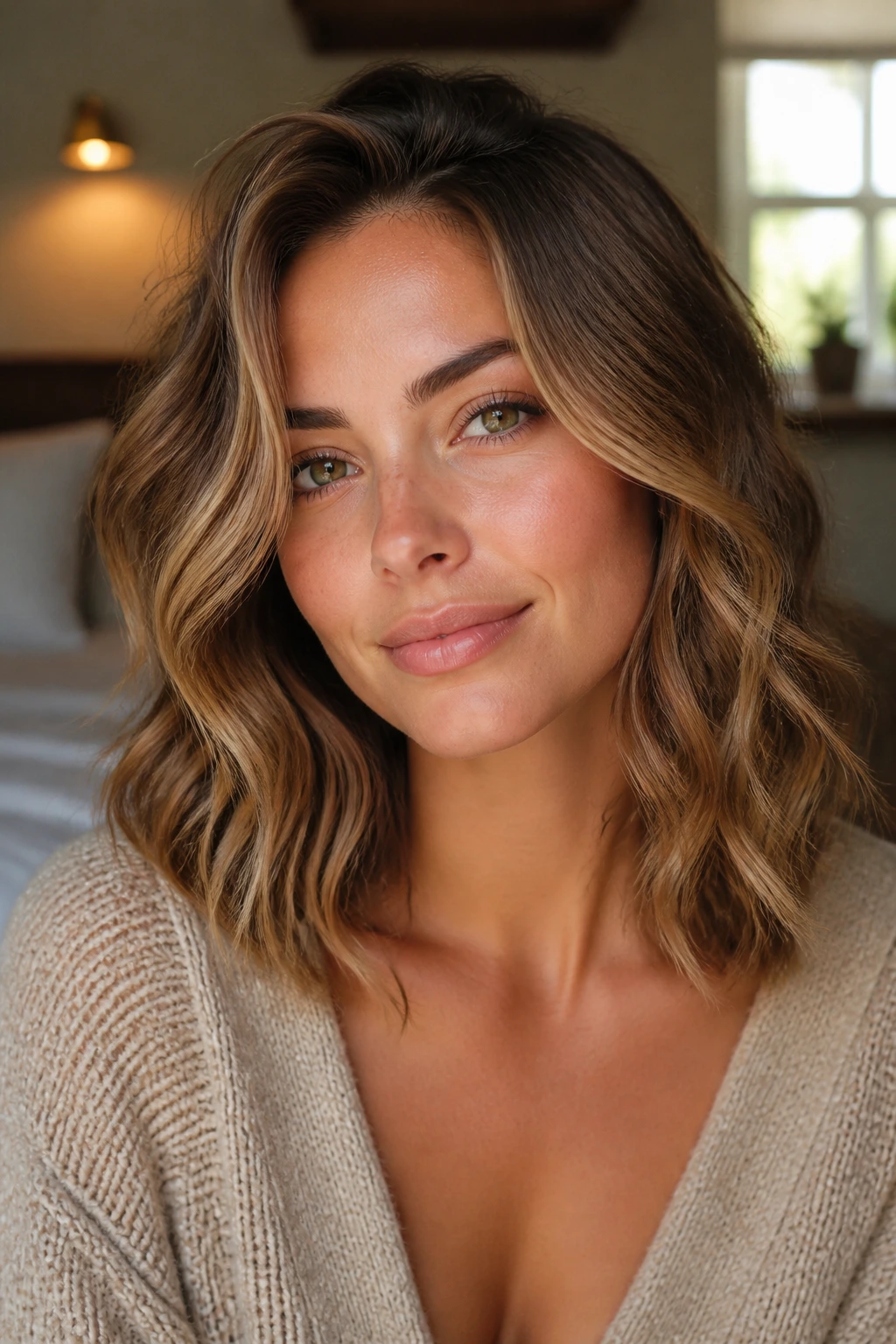 Close-up portrait of a real woman with a heart-shaped face and cheekbone-framing beachy waves.