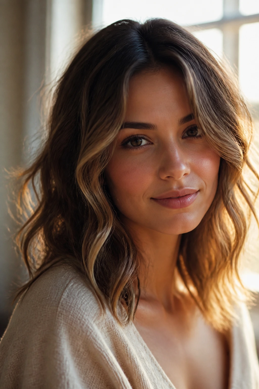 Real portrait of a woman with face-framing waves for heart-shaped face
