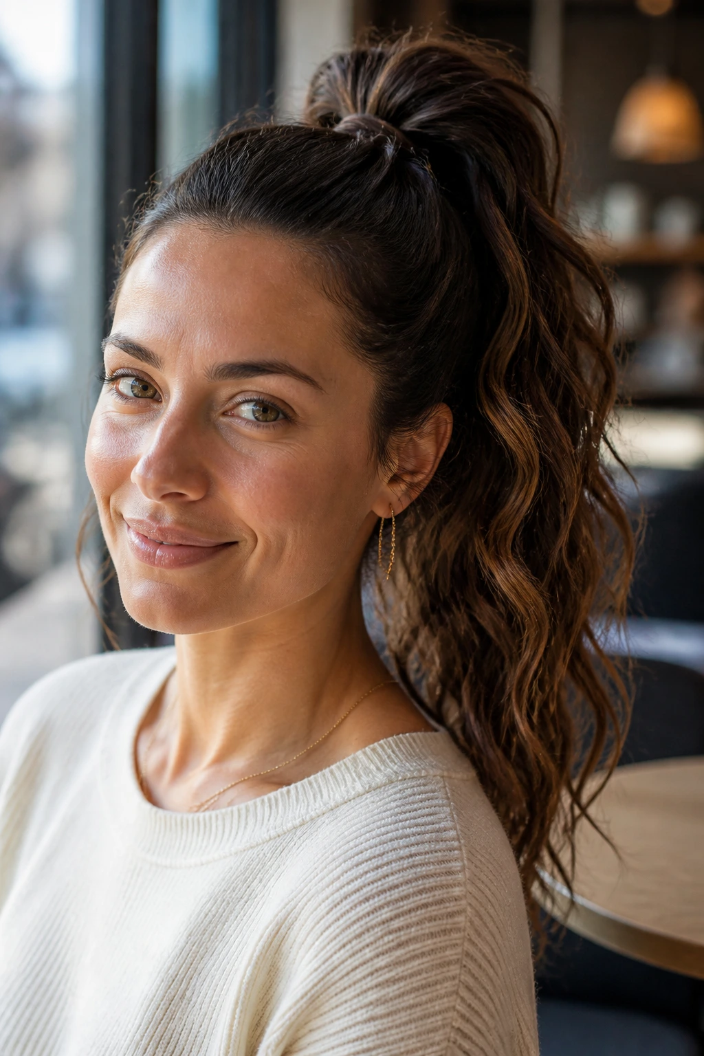Close-up of a real woman with a heat-free wave ponytail and natural texture.
