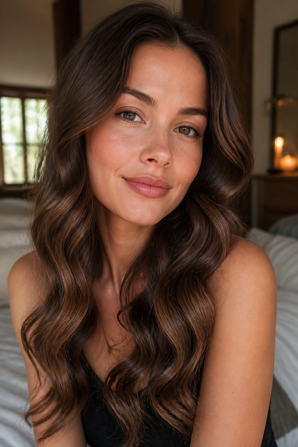 Close-up of real woman with heat-free silk waves in warm bedroom light