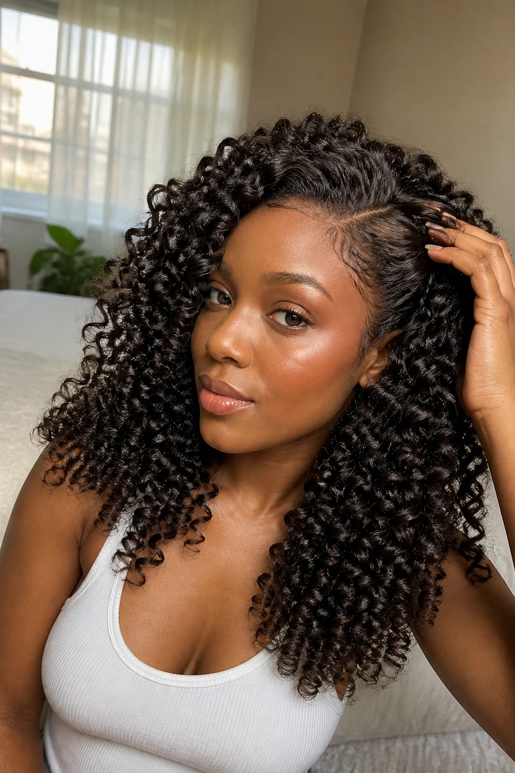 Close-up of a real woman wearing a heat-friendly synthetic curly wig with reshaped curls in a sunlit bedroom