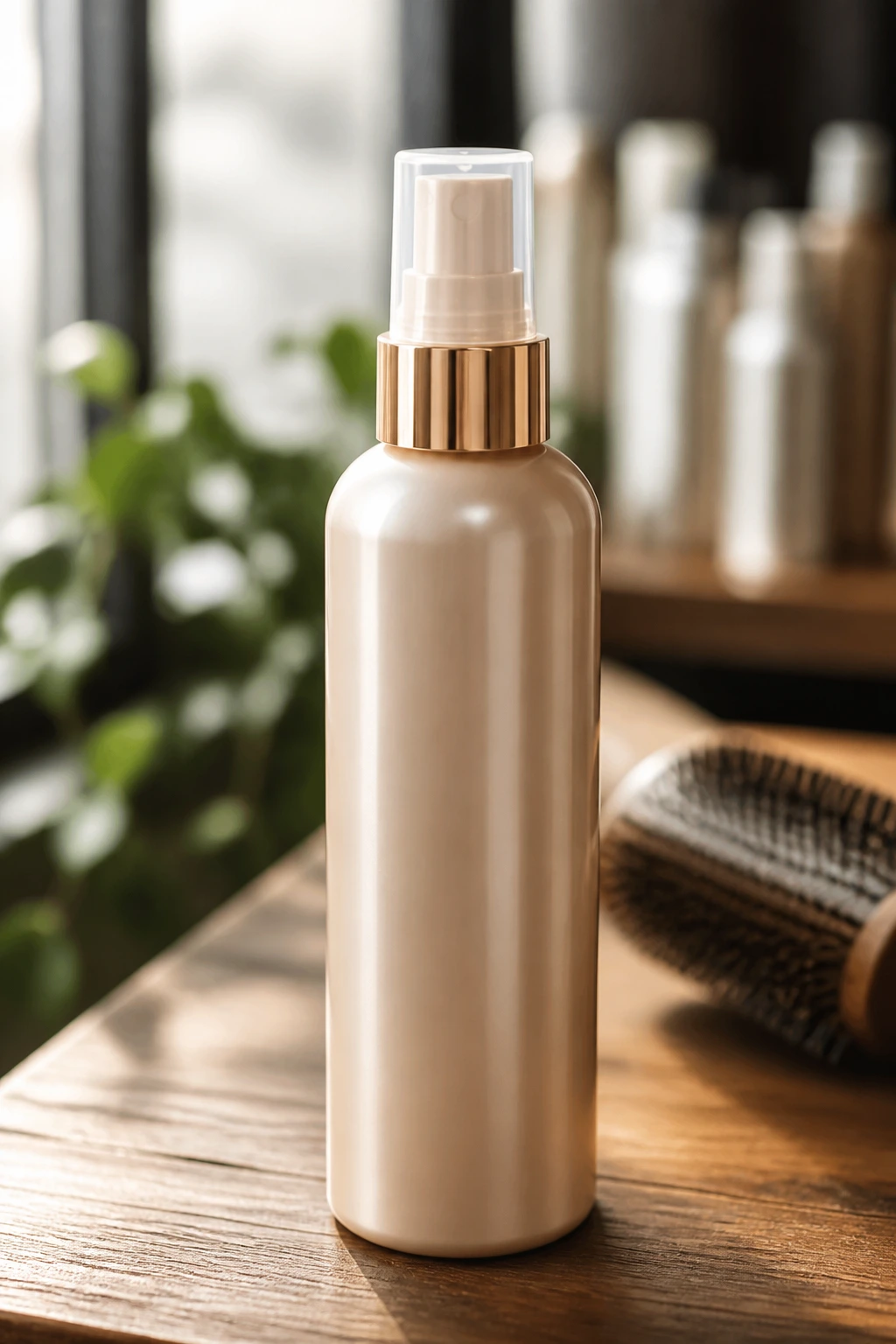Still life of a heat-protectant spray bottle on a wooden counter in natural light.