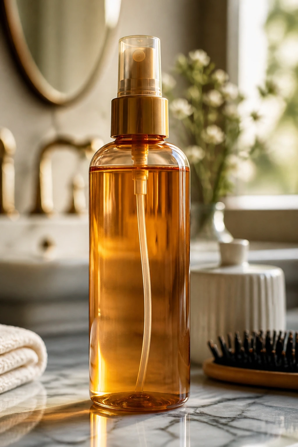 Close-up of a heat protectant spray bottle representing essential styling tools.