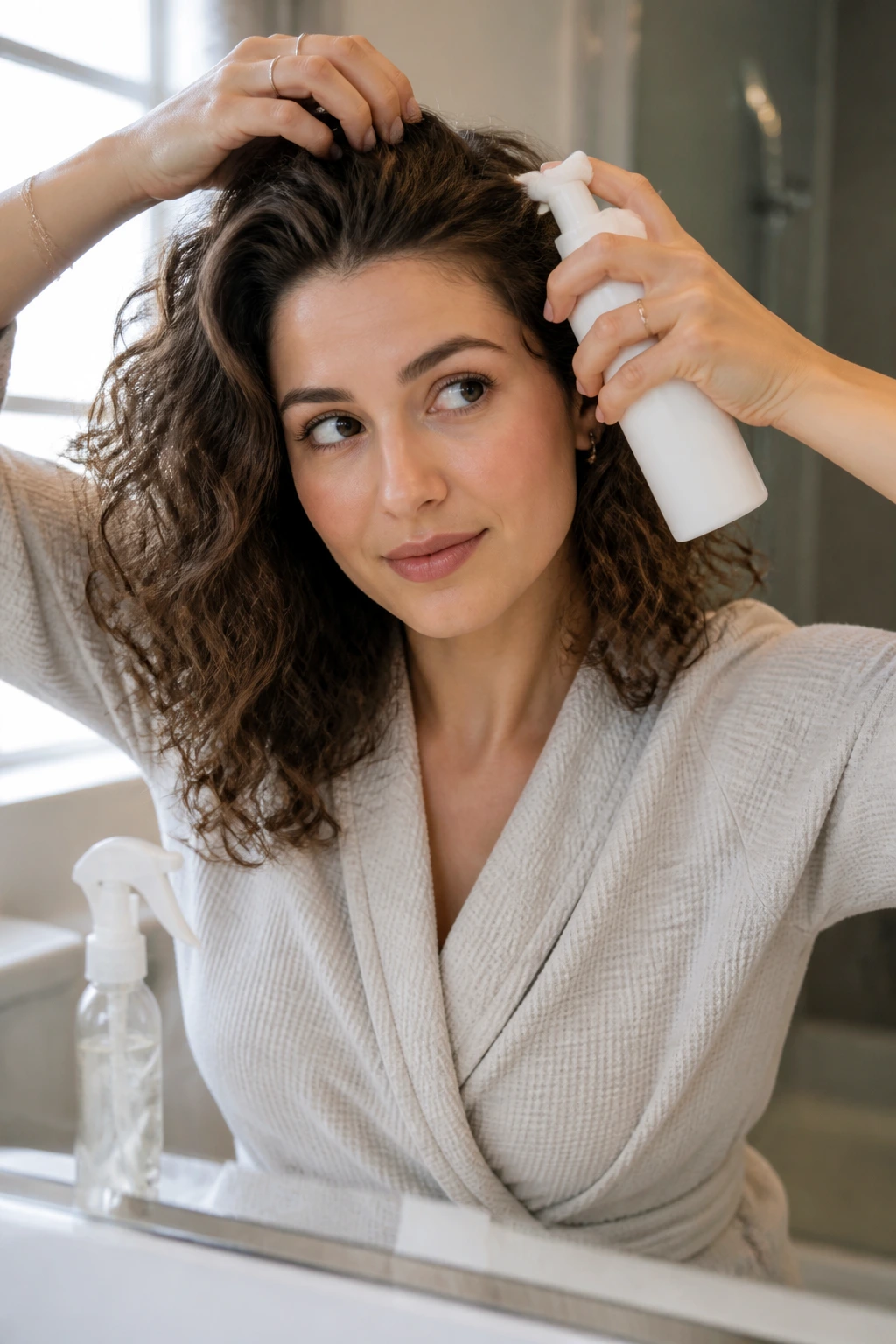 Close-up of a woman applying mousse with heat protection nearby
