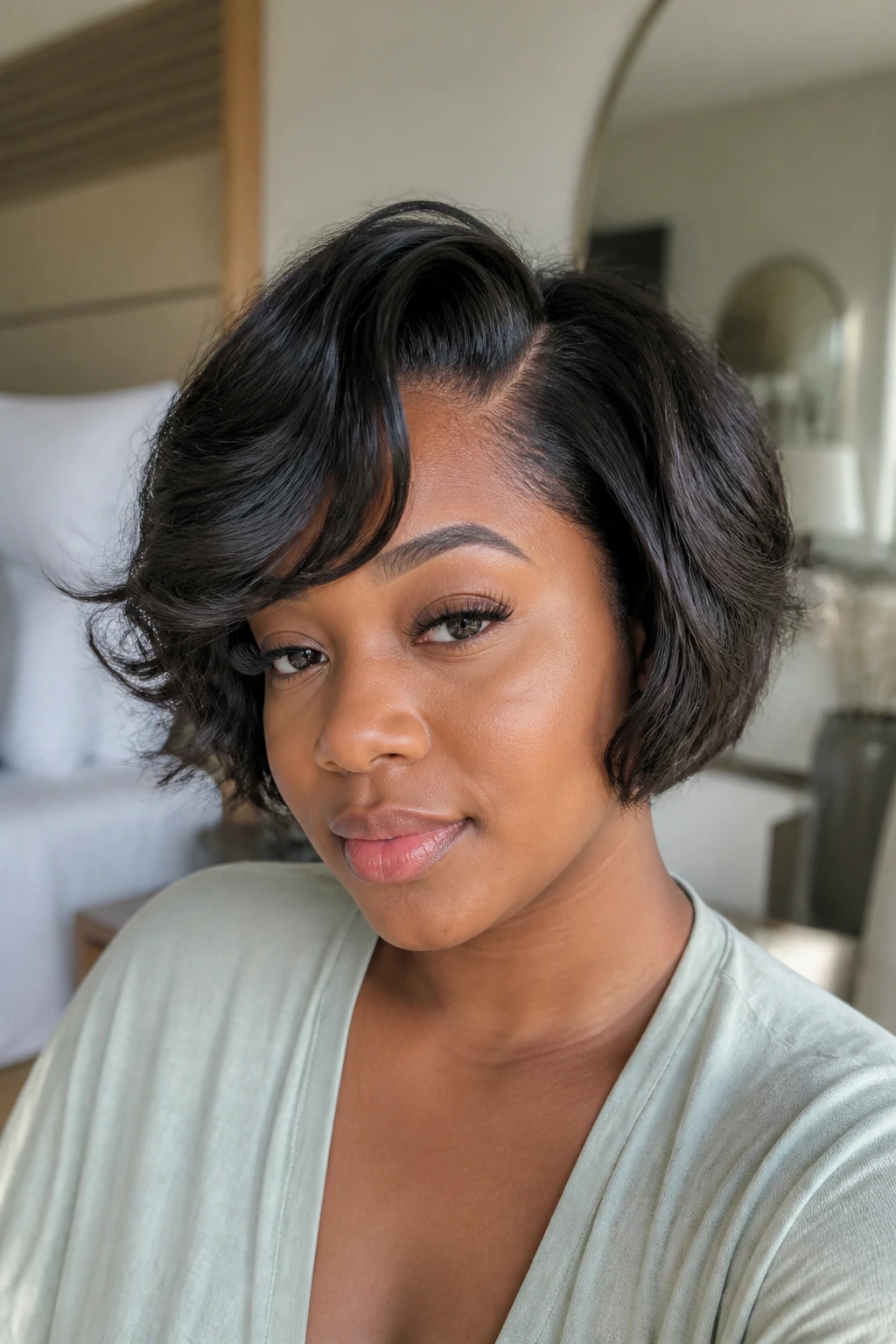 Close-up of a Black woman with a heatless crown bend in a bob, soft bedroom light