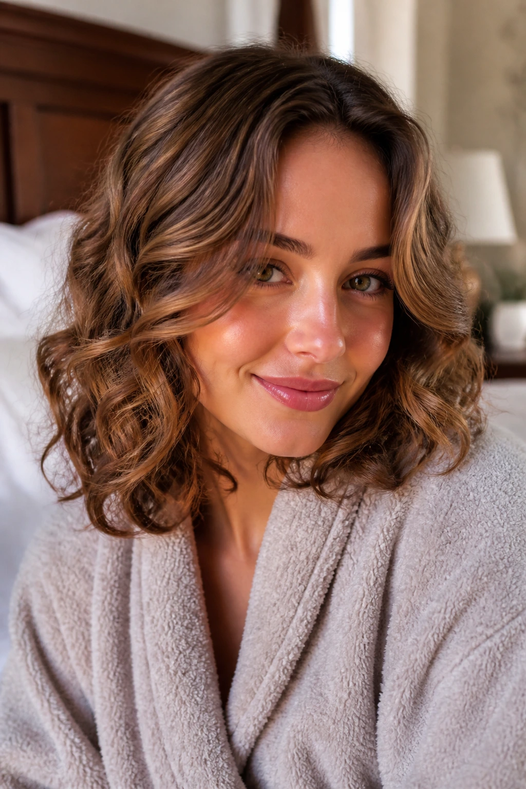 Close-up portrait of a real woman with heatless overnight curls and soft layers in a cozy bedroom.
