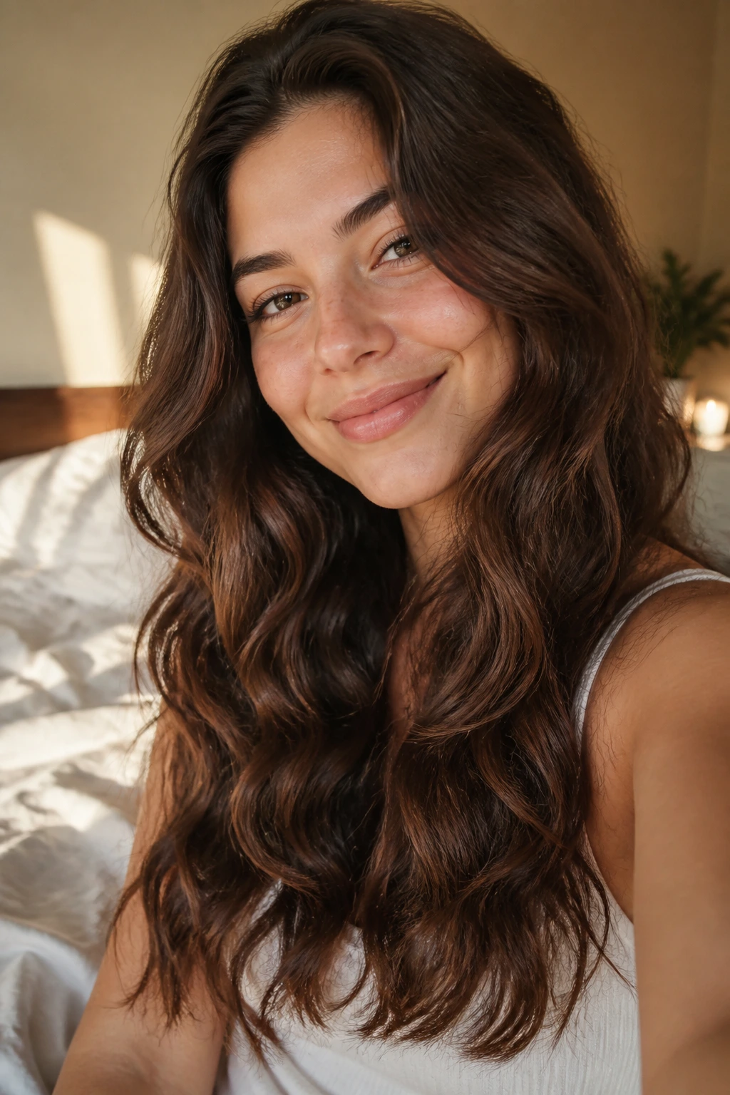 Real woman with natural waves overnight, thick hair; morning light