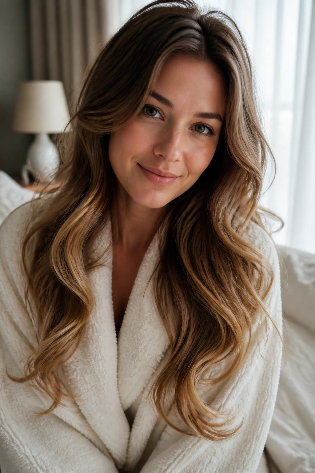 Close-up of a real woman's long hair with broad soft waves from heatless robe curls