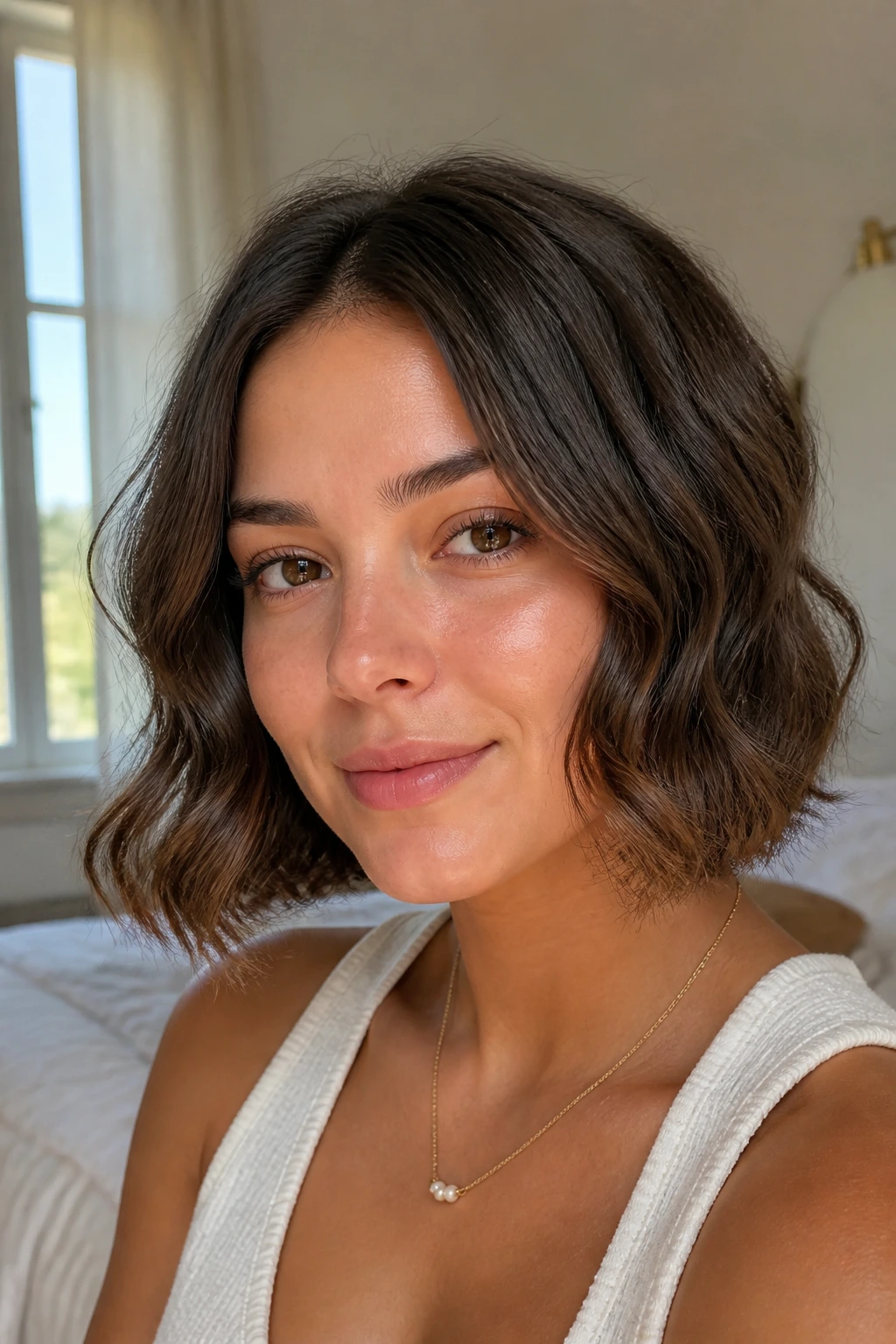 Close-up of a real woman with heatless loose waves on a bob under natural window light