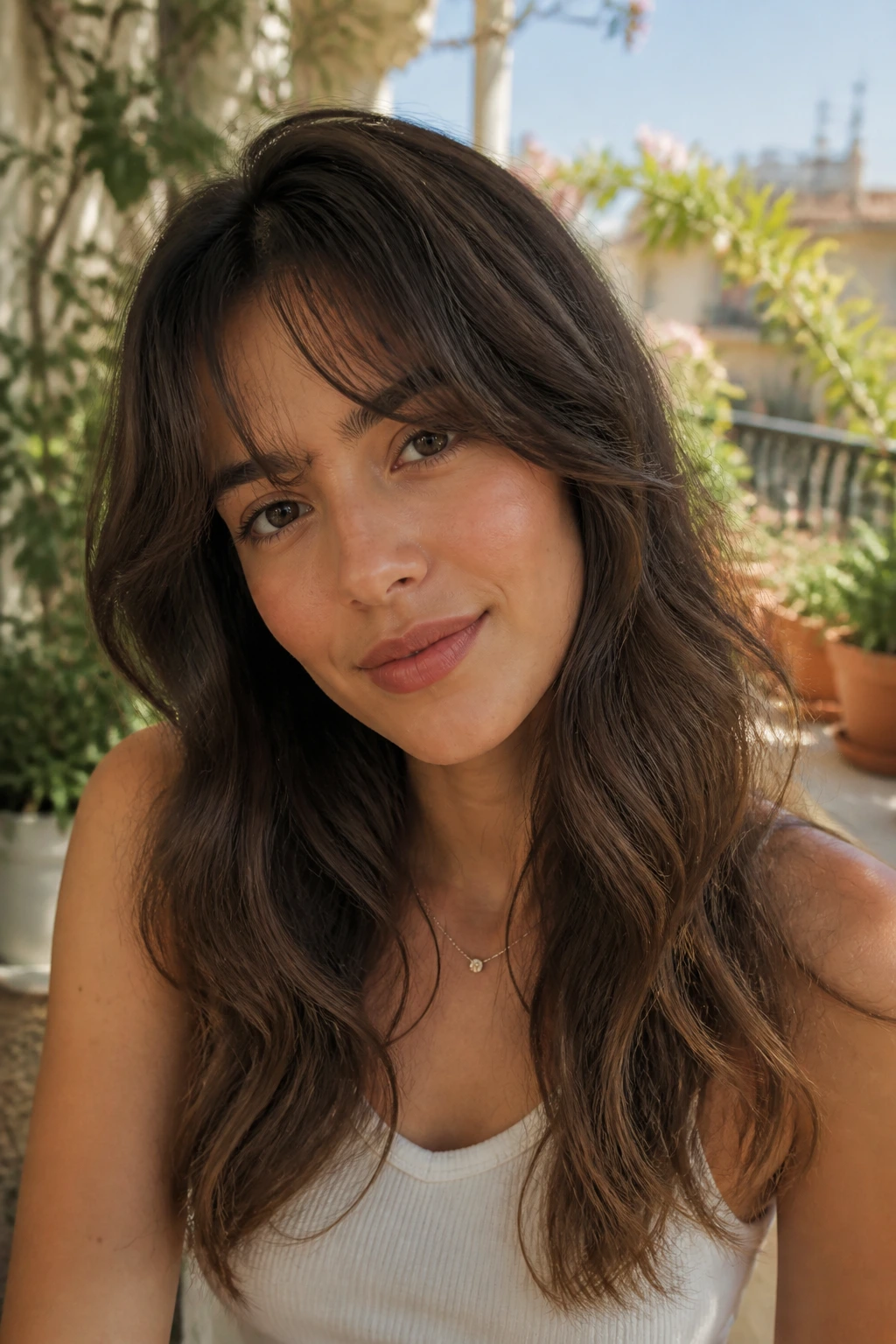 Close-up of a real woman with heatless waves and loose fringe in natural light