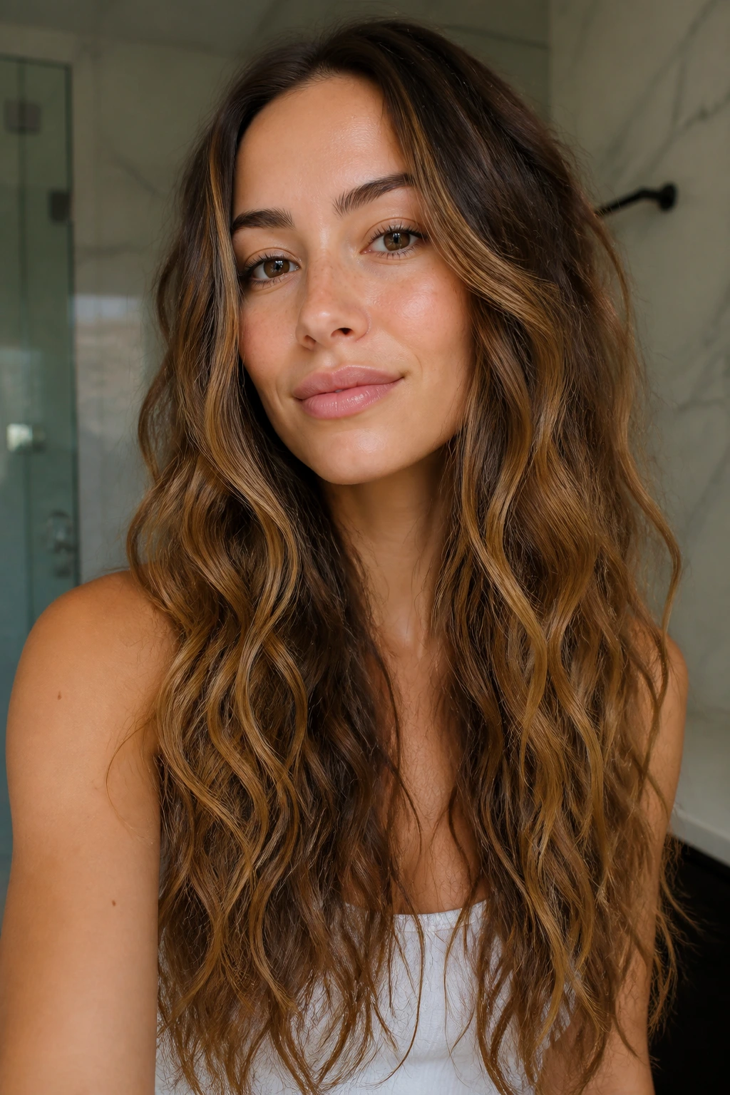 Close-up of a real woman with long waves showing varied textures along the length to reflect heat and humidity