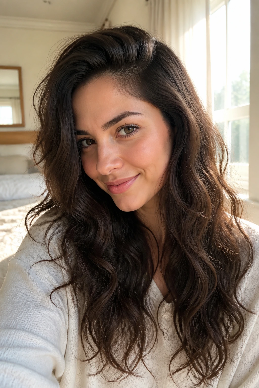 Close-up of a real woman with heatless waves and bent side part