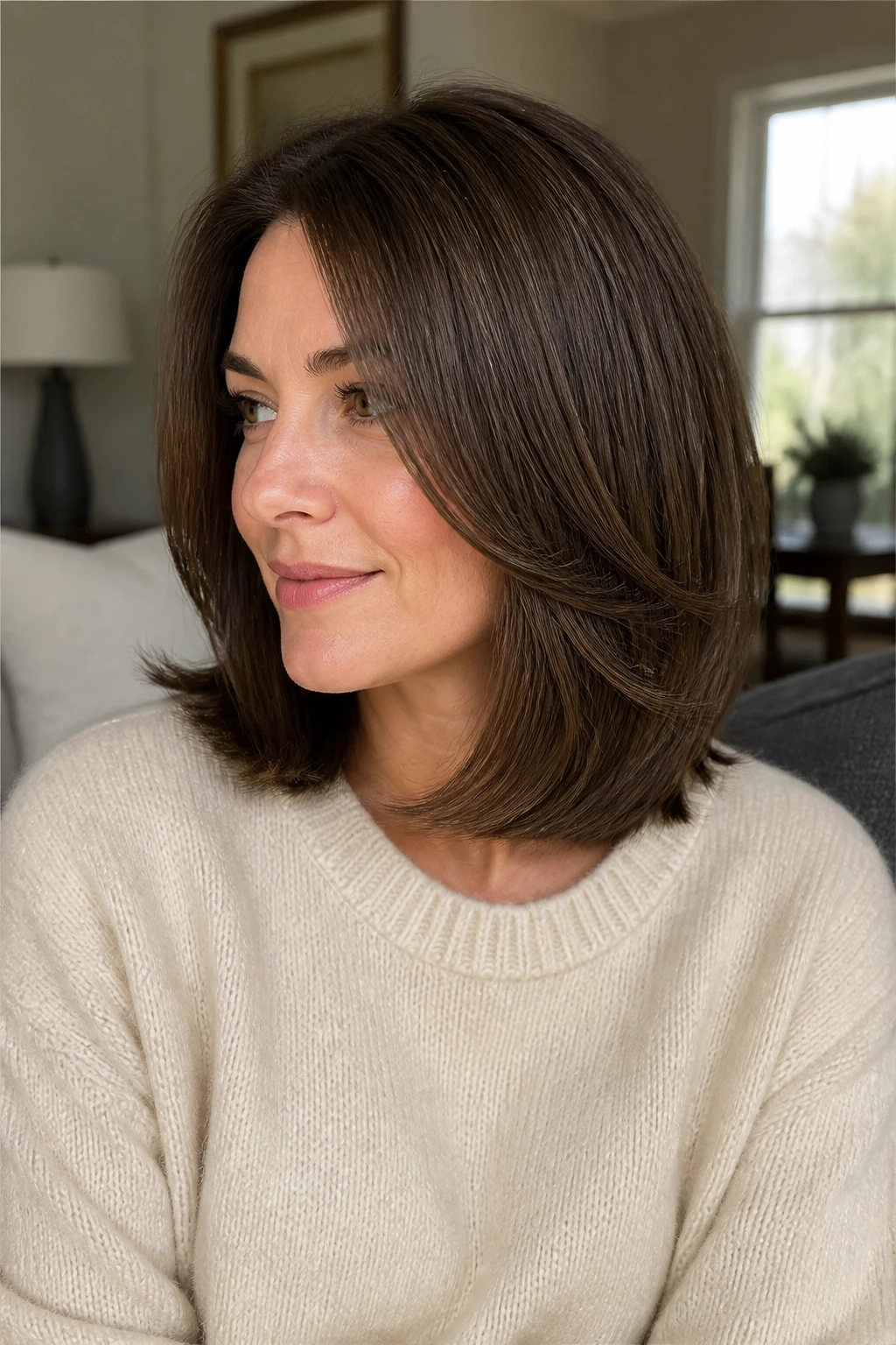 Close up of a real woman with a heavier, structured hairstyle on fine hair