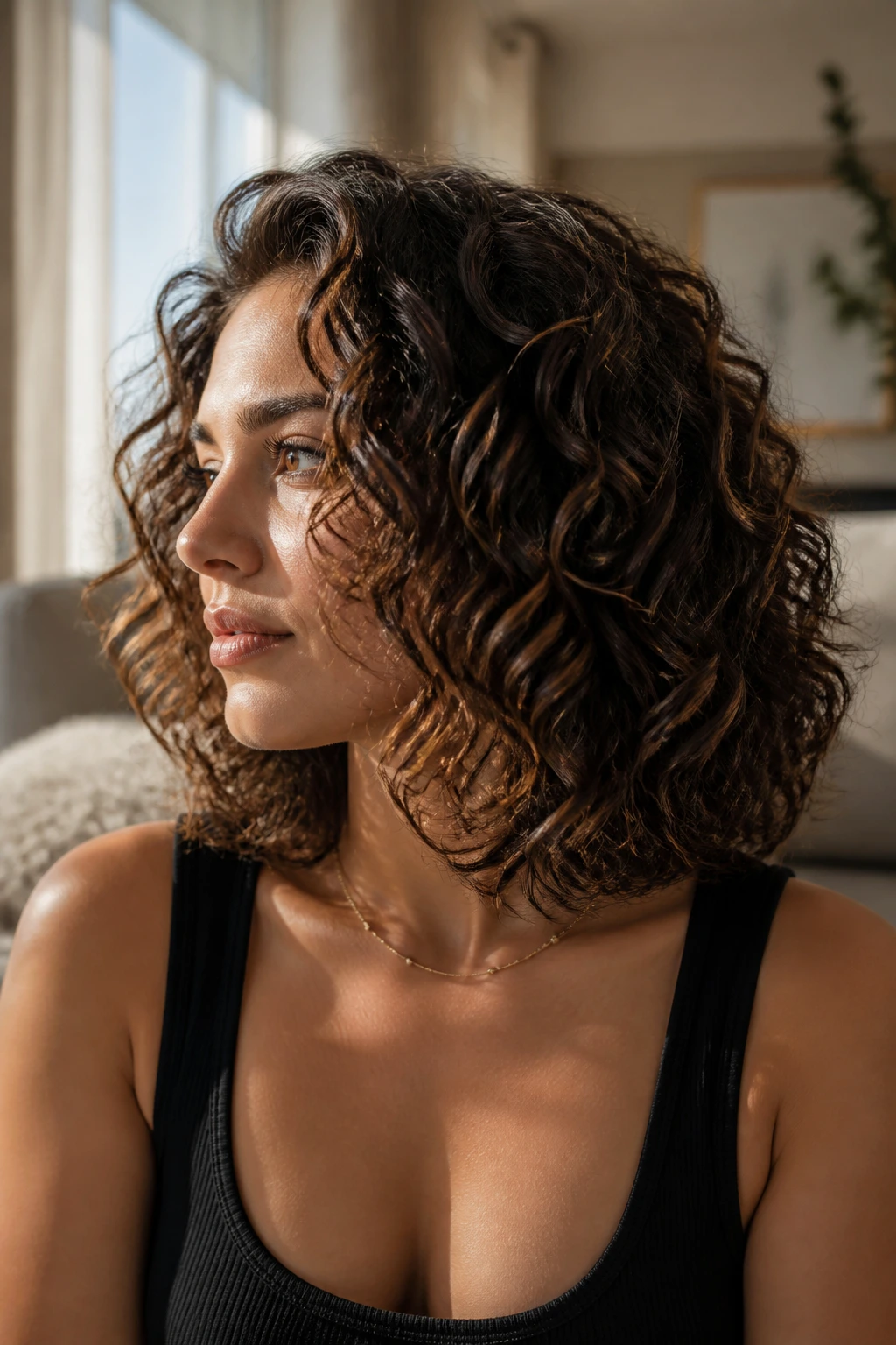 Close-up of a real woman with a heavier perimeter angle to control frizz in curls.