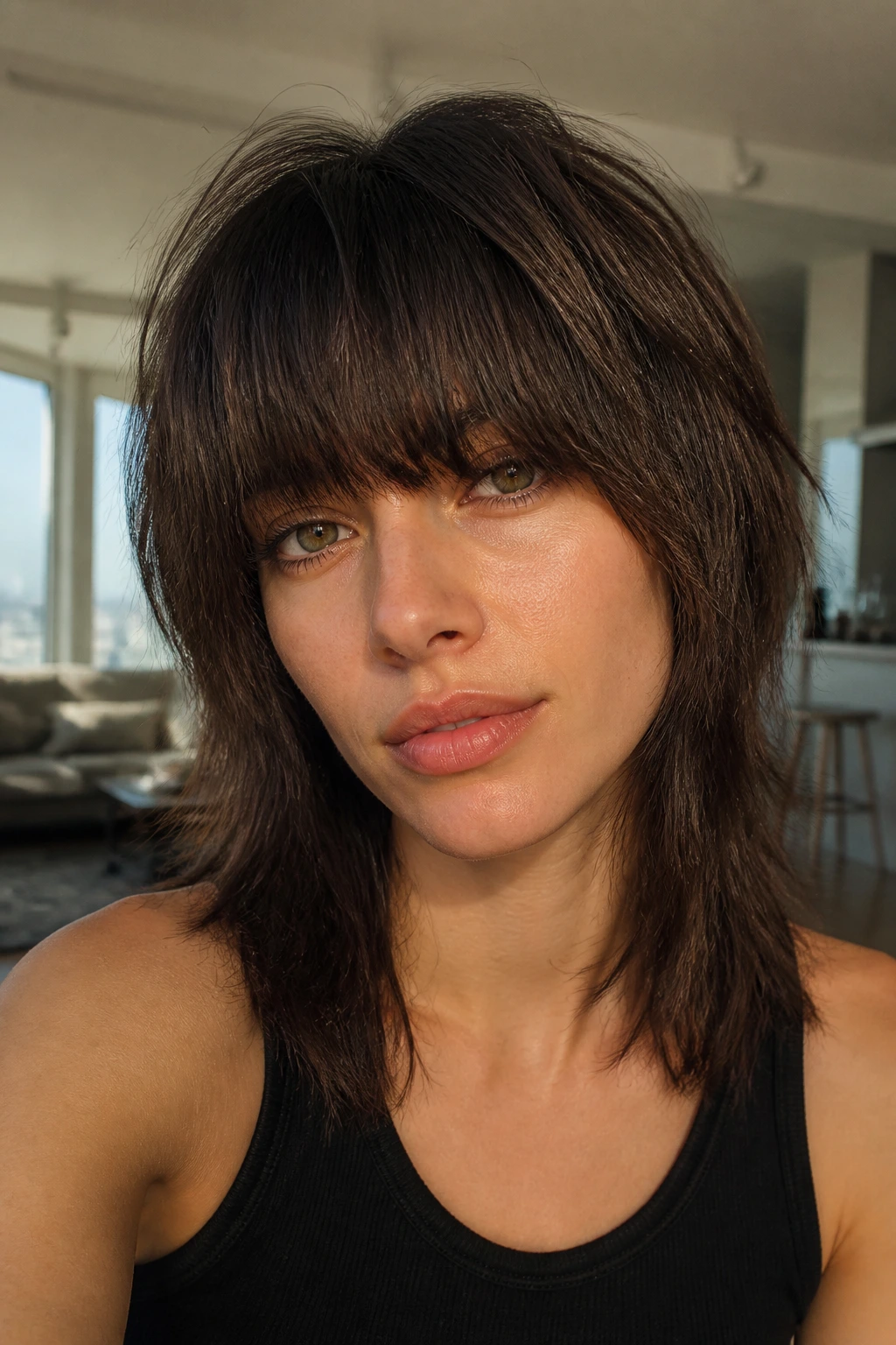 Close-up of real person with heavy brow bangs and shag layers