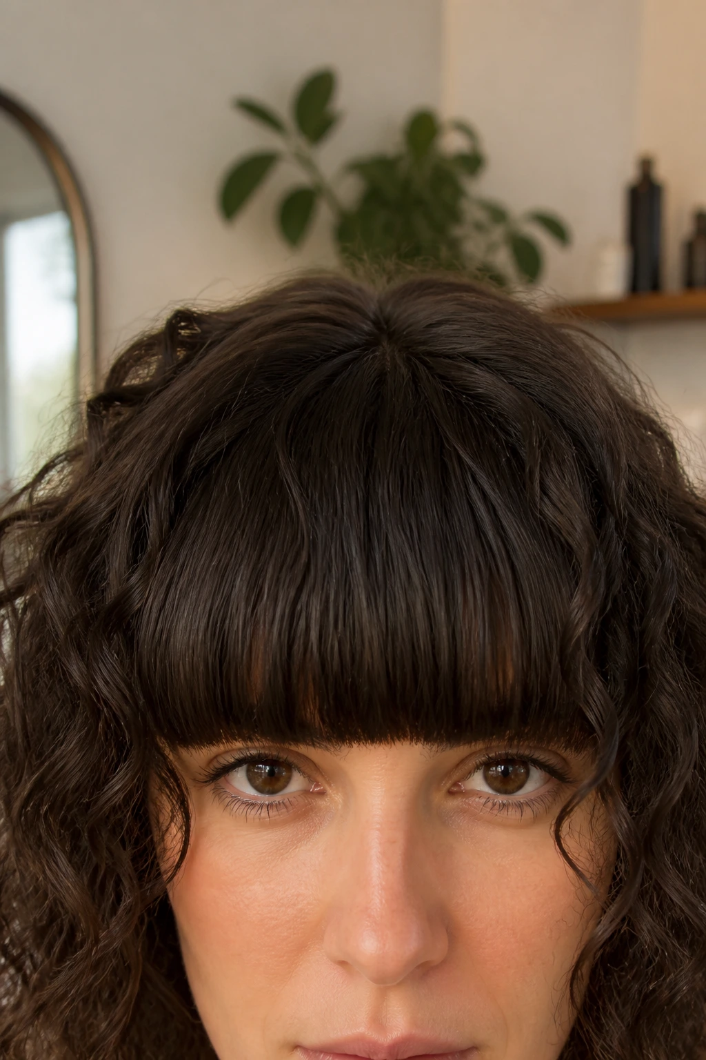 Close-up of a real woman with heavy straight-across bangs on curly hair