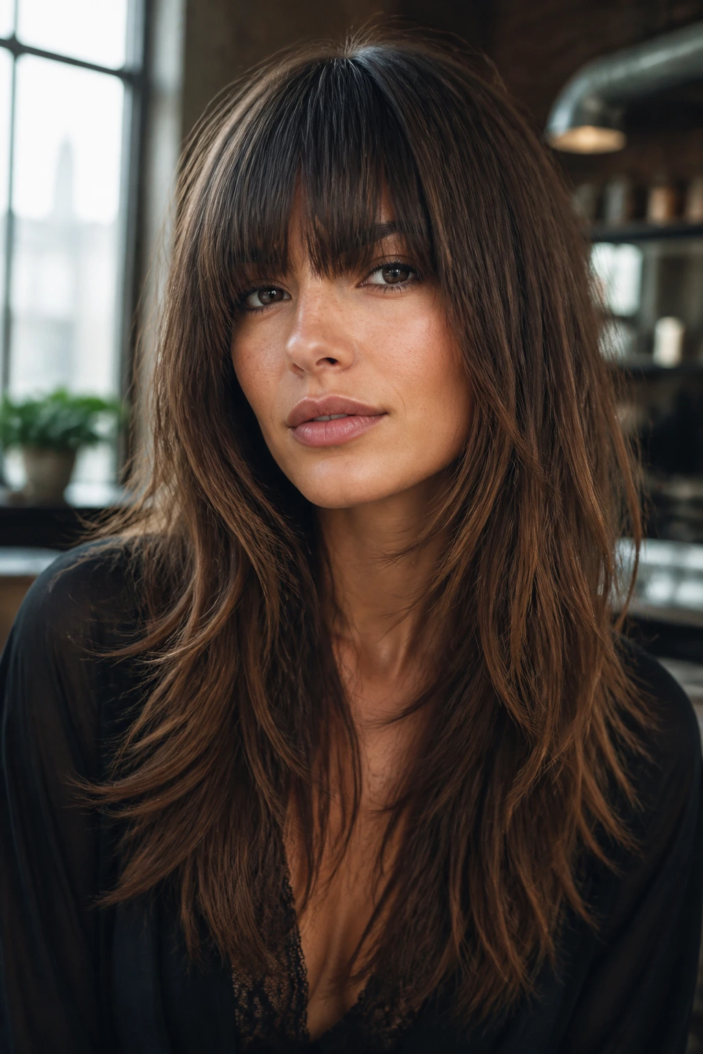 Close-up portrait of a real woman with heavy bangs and razor-textured ends