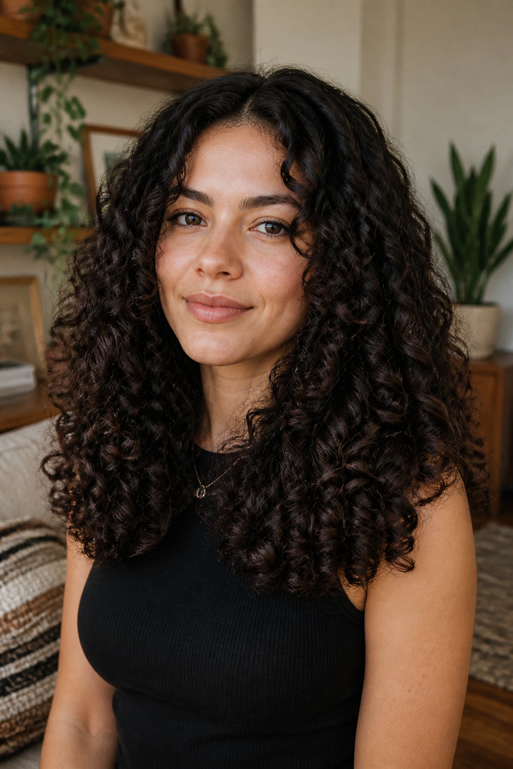 Close-up of a real woman with a heavy blunt curl perimeter on long curls